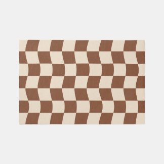 Retro Brown Cream Wavy Checkerboard Pattern Rug