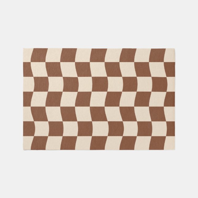 Retro Brown Cream Wavy Checkerboard Pattern Rug (Front)