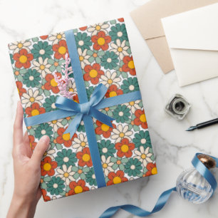 Retro Brown Green Hippie Floral Groovy Wrapping Paper