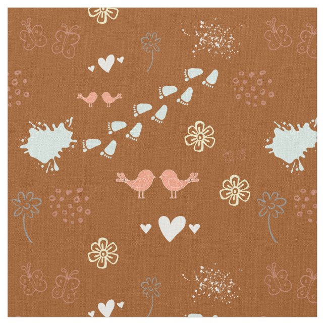 Retro brown pattern of birds, dots, foots fabric (Close Up)