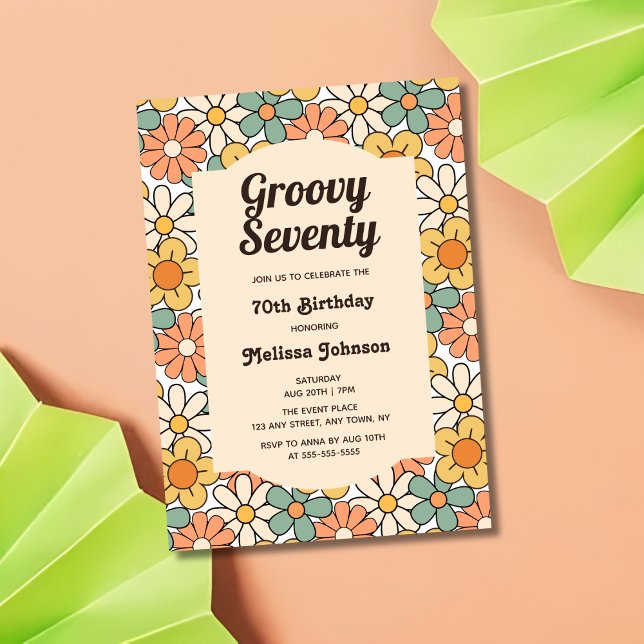 Retro Brown Peach Floral Groovy 70th Birthday Invitation (Creator Uploaded)