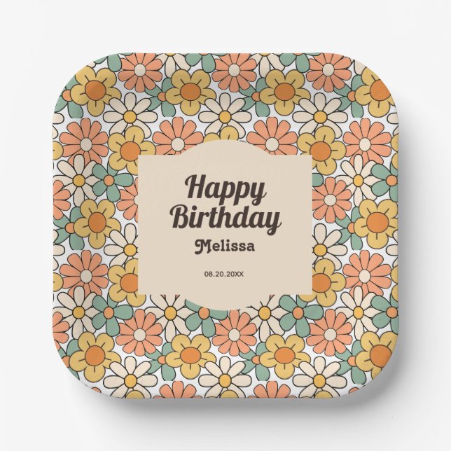 Retro Brown Peach Floral Groovy Birthday Paper Plates (Front)