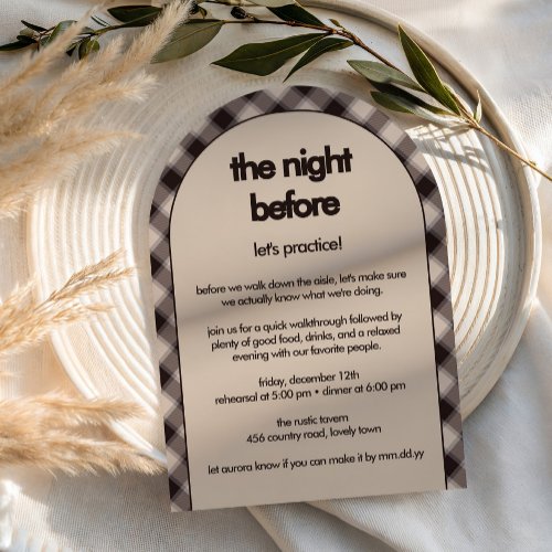 Retro Brown Plaid Casual Rehearsal Dinner Arch Invitation