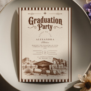 Retro Brown Striped Horse Western Graduation Invitation