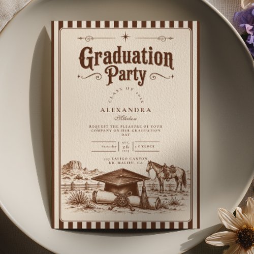 Retro Brown Striped Horse Western Graduation Invitation