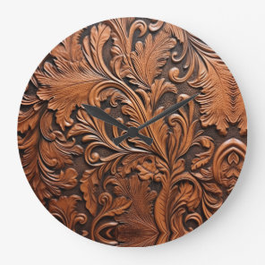 Retro brown tooled leather wall clock. large clock