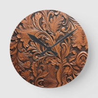 Retro brown tooled leather wall clock.