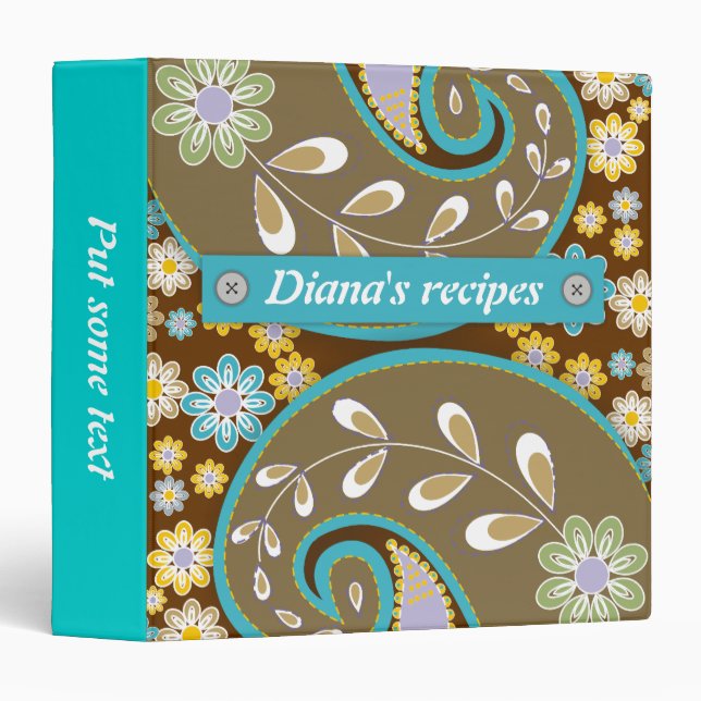 Retro brown, turquoise paisley floral recipe 3 ring binder (Front/Spine)