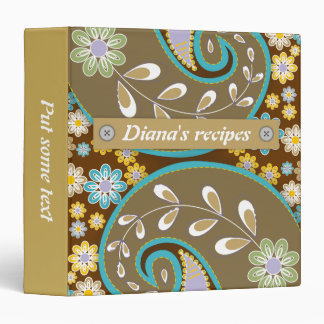 Retro brown, turquoise paisley floral recipe binder