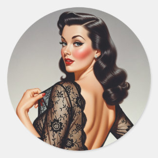 Retro Brunette Pin-up Girl 50's Glamour Style Classic Round Sticker