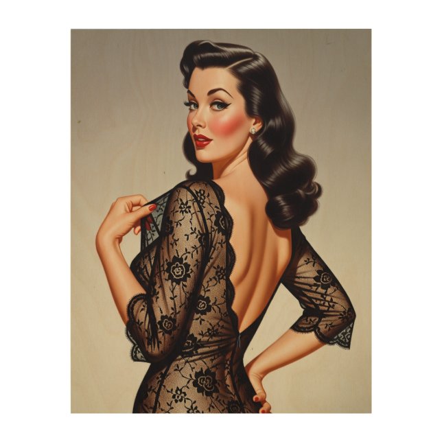 Retro Brunette Pin-up Girl 50's Glamour Style Wood Wall Art (Front)