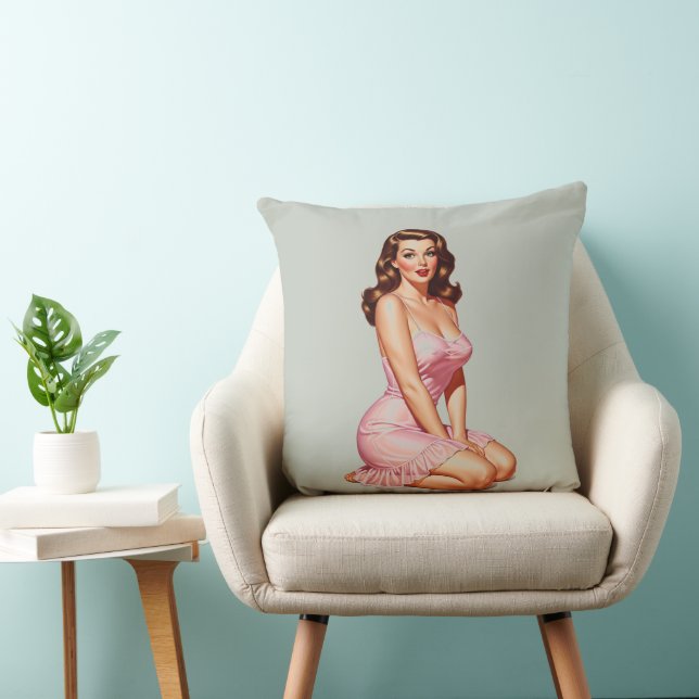 Retro Brunette Pin-up Girl in Pink  Throw Pillow (Chair)