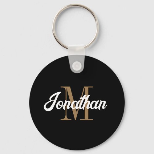 Retro Brush Script Black Gold White Monogram Keychain