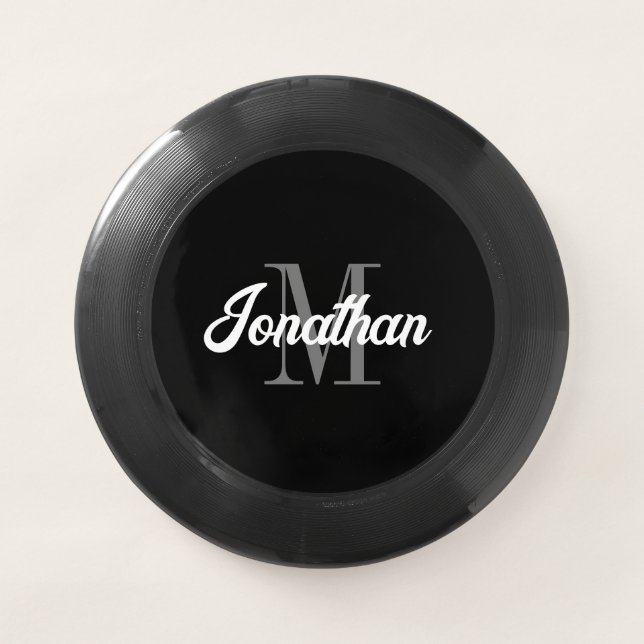 Retro Brush Script Black Gray White Monogram Wham-O Frisbee (Front)