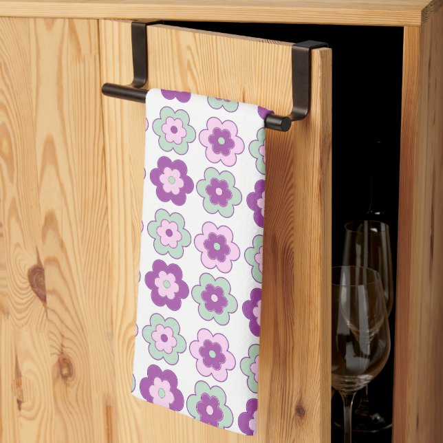 Retro Bubble Flowers (green and purple) Pattern Kitchen Towel (Thirds Fold)