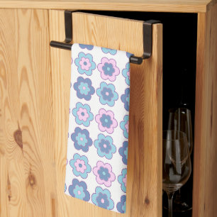 Retro Bubble Flowers (pink and blue) Pattern Kitchen Towel