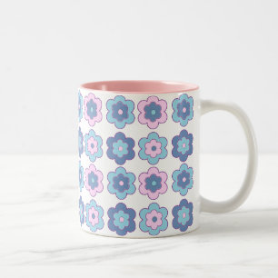 Retro Bubble Flowers (pink and blue)  Pattern Two-Tone Coffee Mug