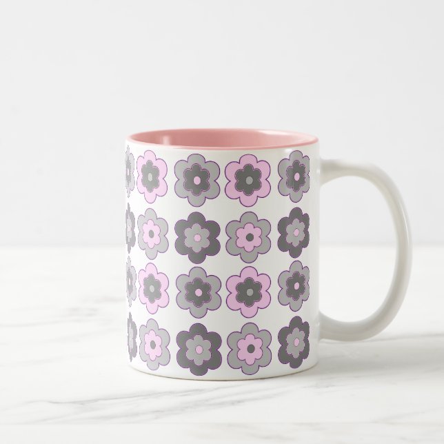 Retro Bubble Flowers (pink and gray)  Pattern Two-Tone Coffee Mug (Right)