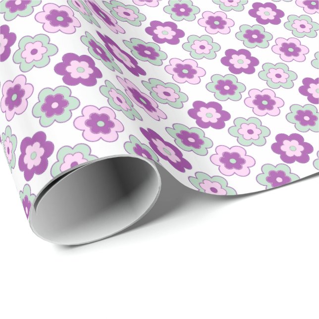 Retro Bubble Flowers (Purple and Green) Pattern Wrapping Paper (Roll Corner)