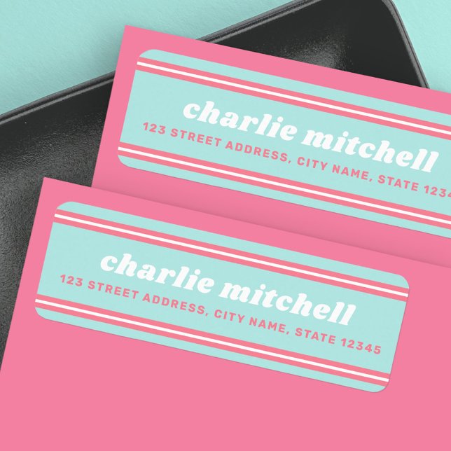 Retro bubblegum aqua blue pink return address label (Creator Uploaded)