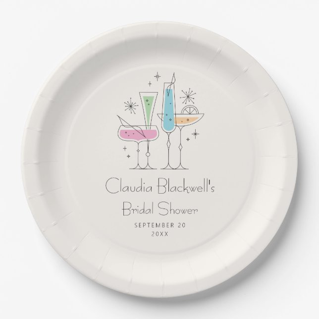 Retro Bubbly Champagne Bridal Shower Paper Plates (Front)