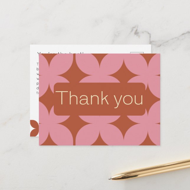 Retro Budget Pink & Red Wedding Thank You Postcard (Front/Back In Situ)
