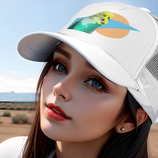 Retro Budgie Pop Art Aqua Blue Parakeet Pet Bird Trucker Hat (Cute pet budgie bird trucker hat in retro orange and aqua)