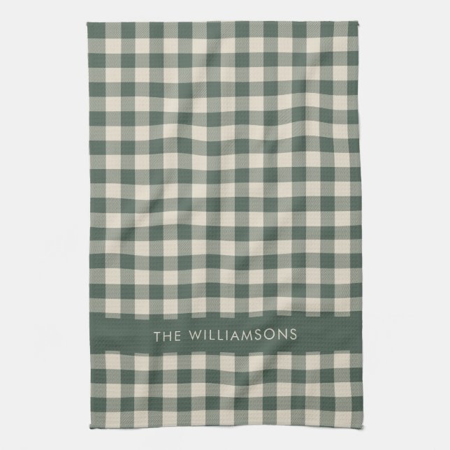 Retro Buffalo Plaid Forest Green Personalized Name Kitchen Towel (Vertical)