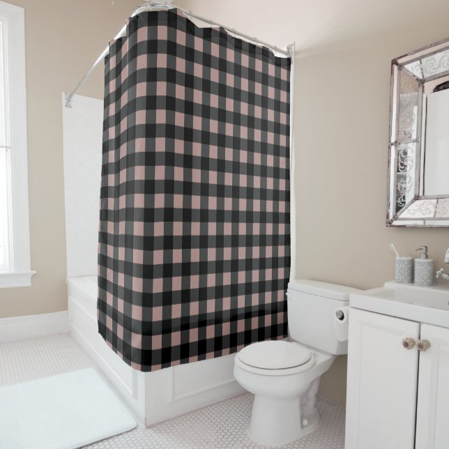 Retro Buffalo Plaid in Black and Blush Pink Shower Curtain (In Situ)