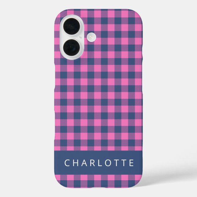 Retro Buffalo Plaid Pink Blue Personalized Name  Case-Mate iPhone Case (Back)