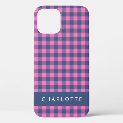 Retro Buffalo Plaid Pink Blue Personalized Name  iPhone 12 Pro Case