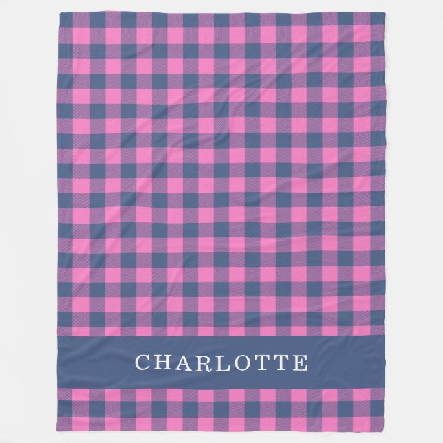 Retro Buffalo Plaid Pink Blue Personalized Name Fleece Blanket (Front)