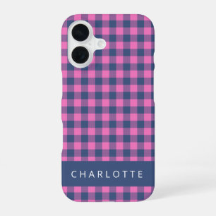 Retro Buffalo Plaid Pink Blue Personalized Name  iPhone 16 Case