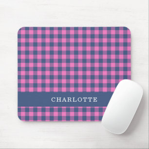 Retro Buffalo Plaid Pink Blue Personalized Name Mouse Pad