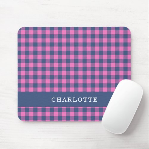 Retro Buffalo Plaid Pink Blue Personalized Name  Mouse Pad