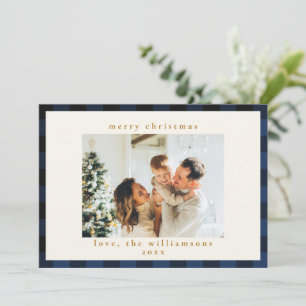 Retro Buffalo Plaid Tartan Pattern Navy Blue Black Holiday Card