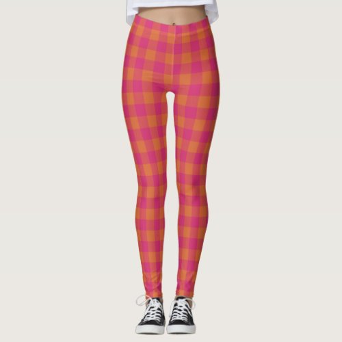 Retro Buffalo Plaid Tartan Pattern Pink and Orange Leggings