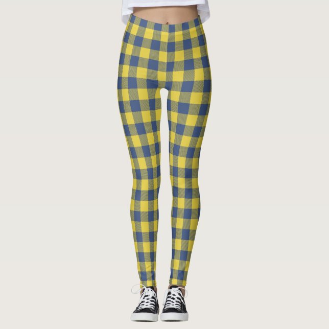 Retro Buffalo Plaid Tartan Pattern Yellow Blue  Leggings (Front)