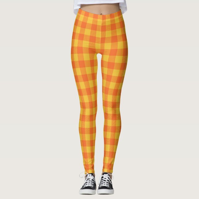 Retro Buffalo Plaid Tartan Pattern Yellow Orange   Leggings (Front)