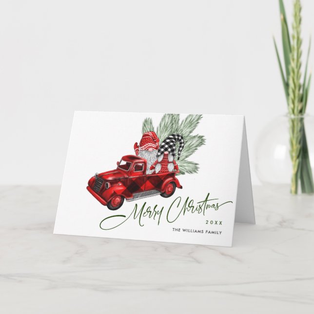 Retro Buffalo Red Truck Gnomes Rustic Christmas Card (Front)