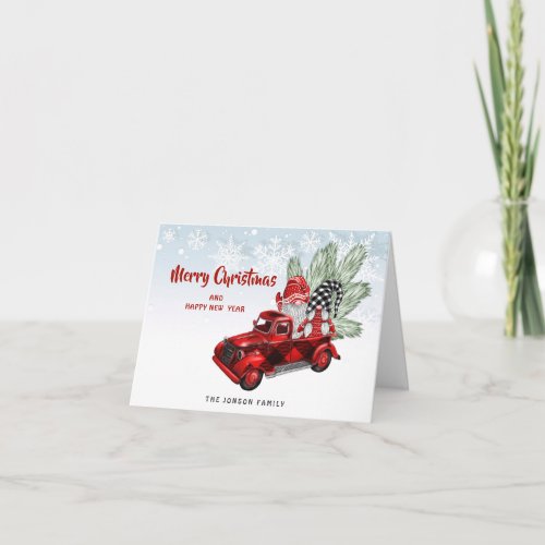 Retro Buffalo Red Truck Gnomes Rustic Christmas Card