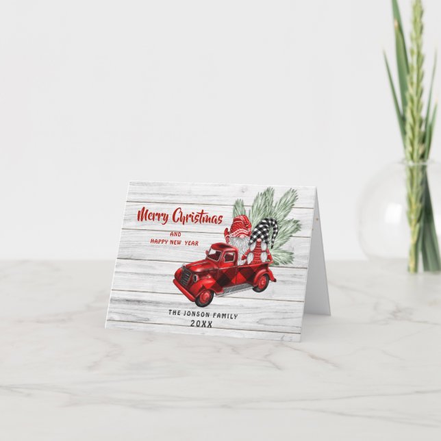 Retro Buffalo Red Truck Gnomes Rustic Christmas Card (Front)