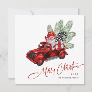 Retro Buffalo Red Truck Gnomes Rustic Christmas Holiday Card