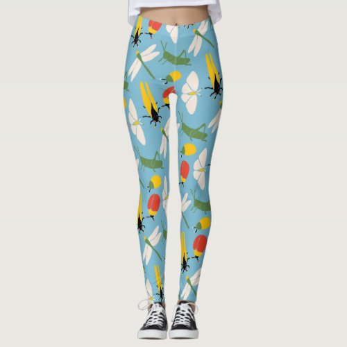 Retro Bugs Insects Illustrations Light Blue Leggings