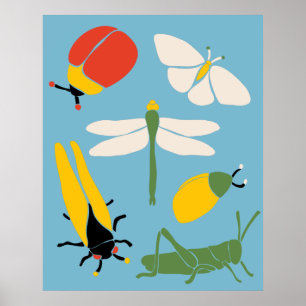 Retro Bugs Insects Illustrations Light Blue Poster