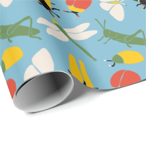 Retro Bugs Insects Illustrations Light Blue Wrapping Paper