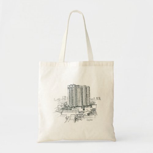 Retro Buildings Freehand Drawing Print Tote Bag