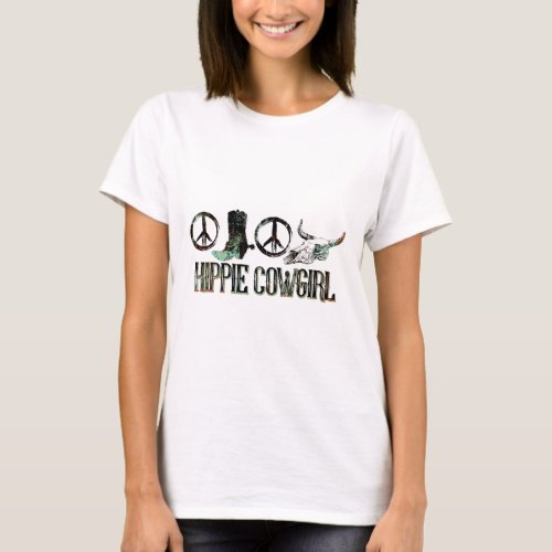 Retro Bull Skull Cowgirl Boots Hippie Cowgirl Rode T_Shirt