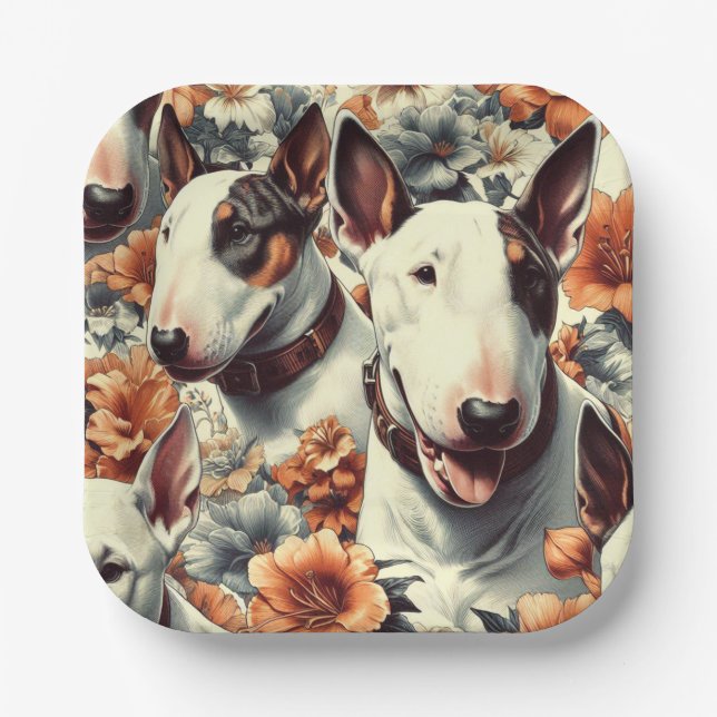 Retro Bull Terrier Seamless Painting Paper Plates (Front)