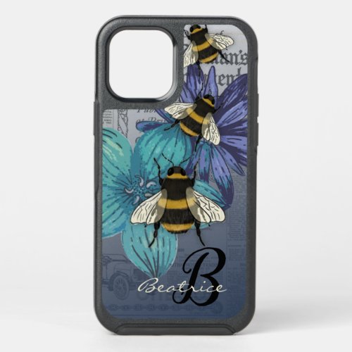 Retro Bumble Bee floral monogram Case_Mate iPhone 